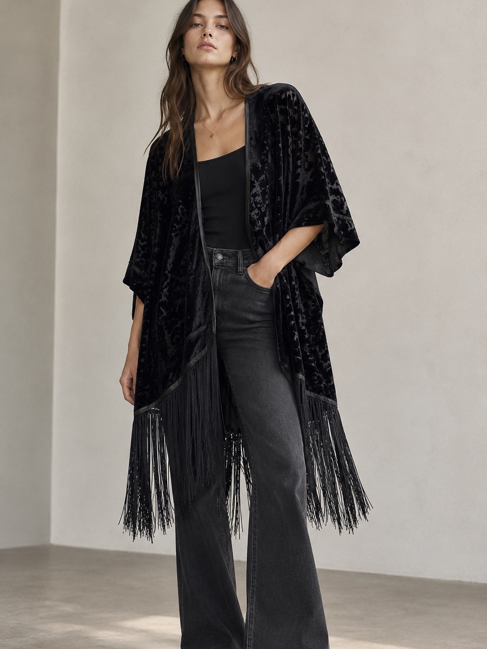 NWT Roxy Black Velvet Fringe Kimono Top Burnout Open Front Cardigan XS/S